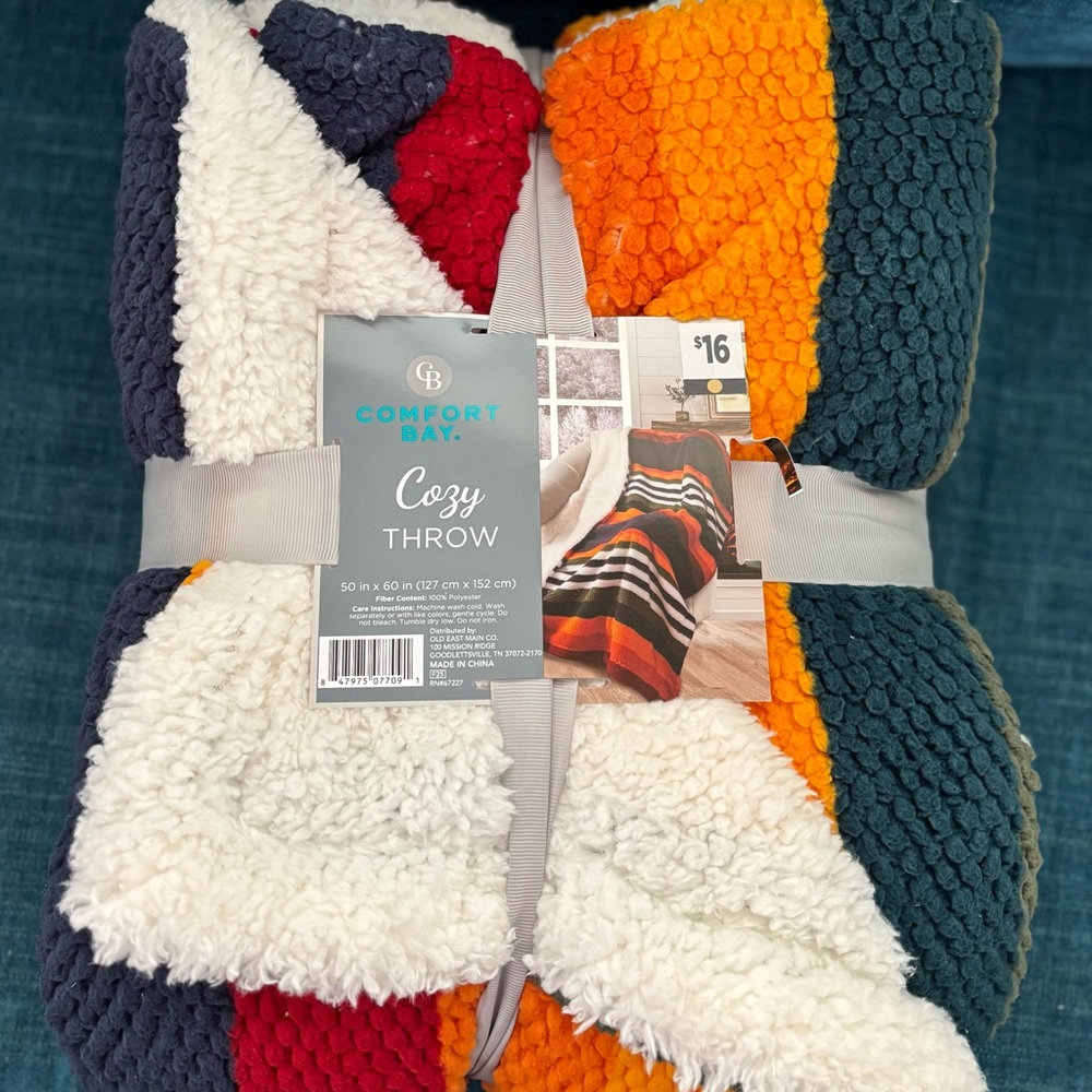 Comfort Bay Throw Blanket — Teal, Orange, Red, Black & White Stripes